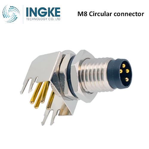 M8S-03PMMR-SF8001 M8 Circular Connector Receptacle 3 Position Male Pins Panel Mount IP68 Waterproof Right Angle